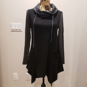 Cowl neck sweater, asymmetrical bottom